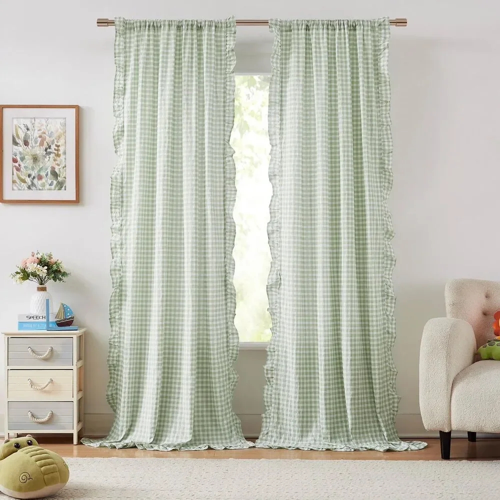 Set of 2 Curtain Panels, 40Wx84L Buffalo Plaid Ruffled Curtains (Light Sage)